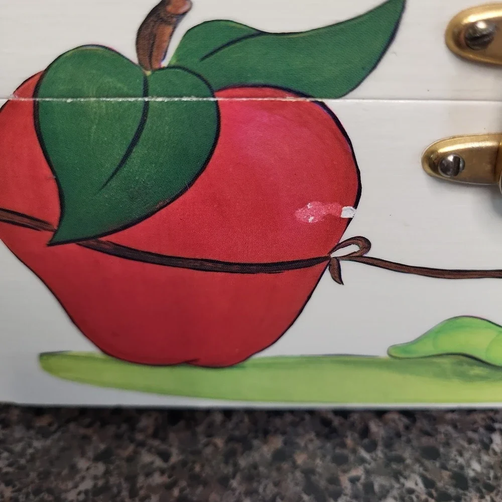 VINTAGE Hand Painted Wooden Purse Box Whimsical Caterpillar Apple Folk Art